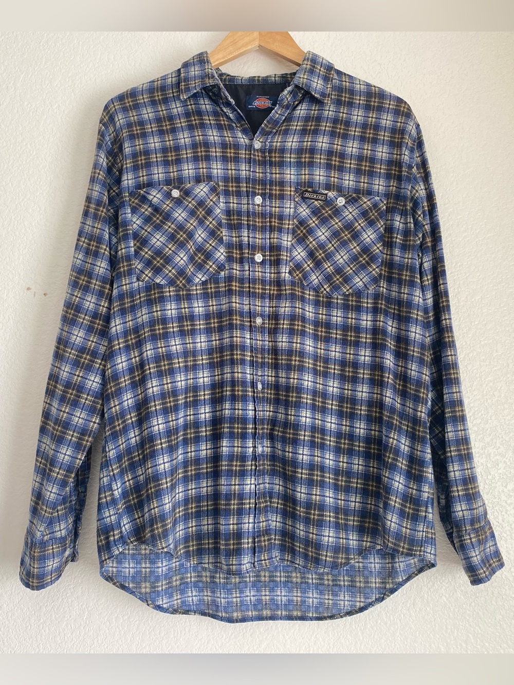 Vintage Dickies button down flannel plaid longsleeve work shirt, blue, M